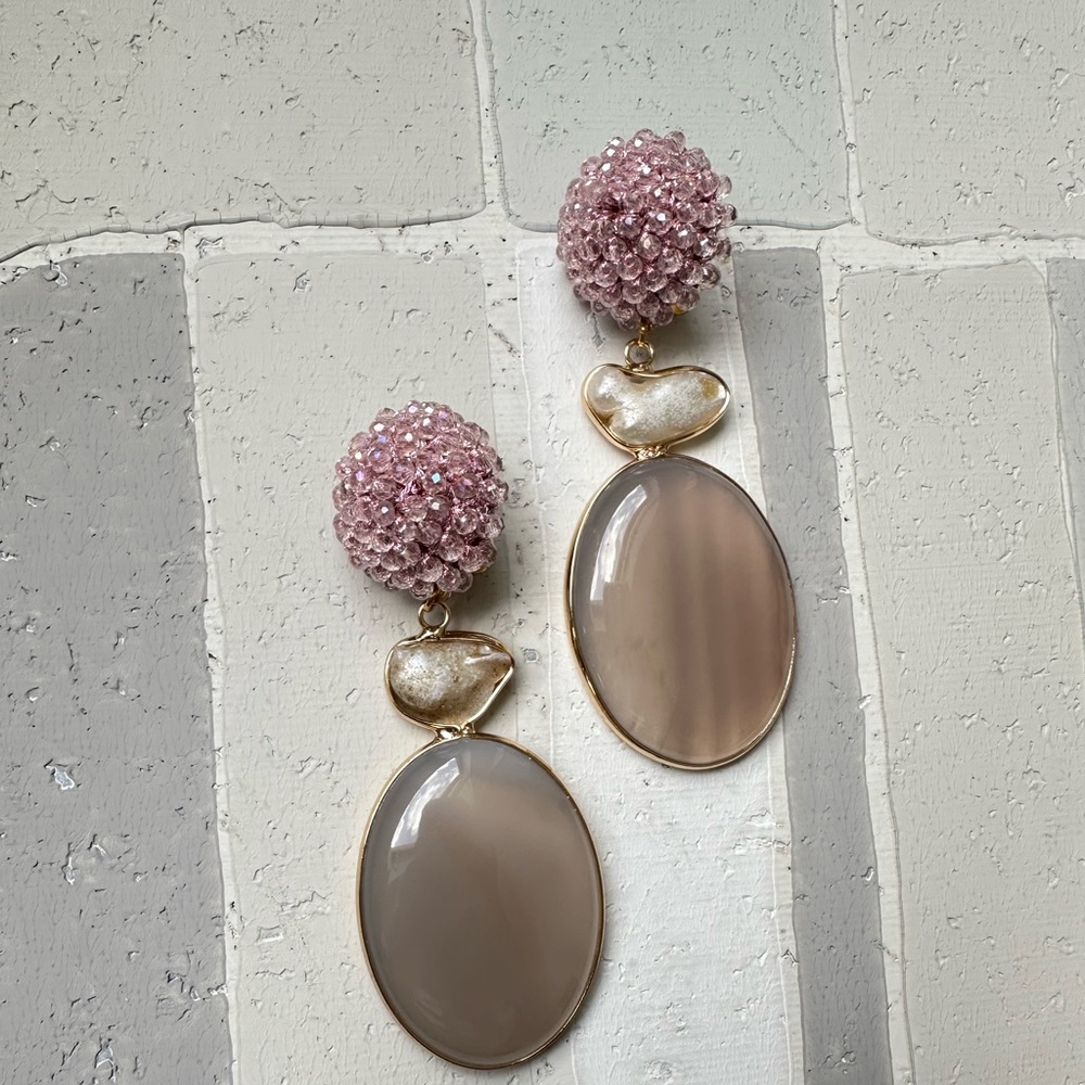 Clip on mauve beaded earrings cabochon in a translucent mauve color